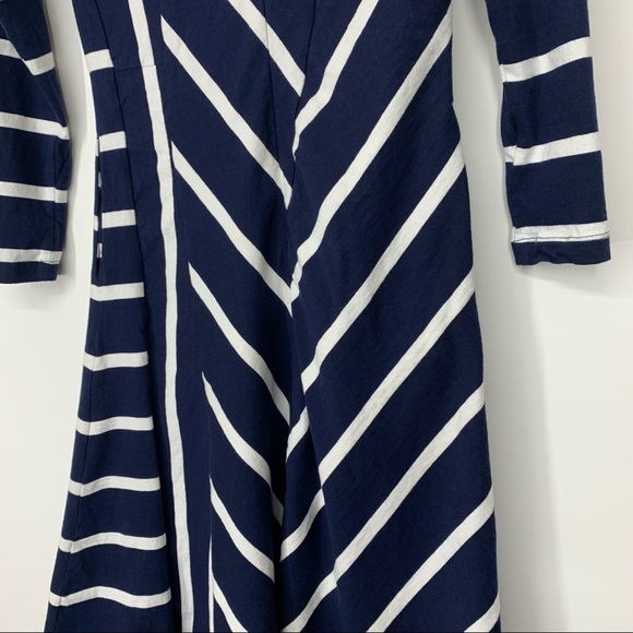EShakti Asymmetrical White Striped Navy Cotton Spandex Flared Dress W/ Sleeves - Picture 10 of 16